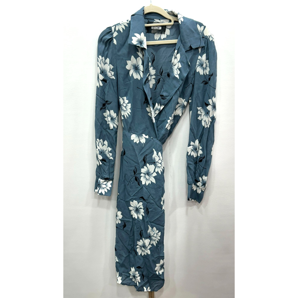NWOT Reformation Women's Blue Floral Wrap Dress Long Sleeve Collared Maxi Size M